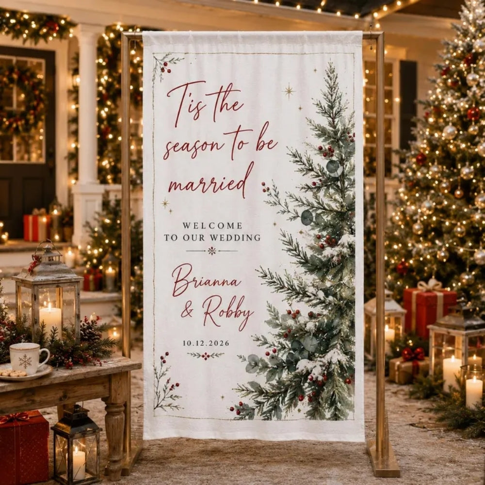 Personalized Christmas Wedding Linen Welcome Banner Tis The Season To Be Married, Custom Winter Wedding Welcome Sign WD0972