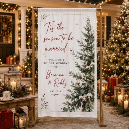 Personalized Christmas Wedding Linen Welcome Banner Tis The Season To Be Married, Custom Winter Wedding Welcome Sign WD0972
