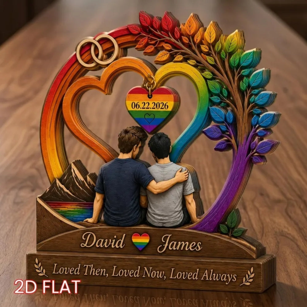 Custom Gay Couple Rainbow Tree Wooden Plaque, Custom LGBTQ Wedding Wooden Block WD0818