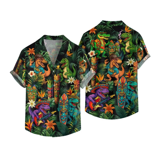 Tropical Dinosaur Tiki Hawaiian Shirt Mens, Tiki Hawaiian Shirts For Dinosaur Lovers HE0097