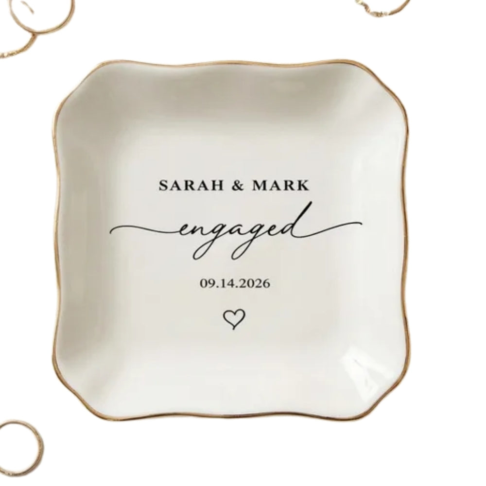 Custom Couple Name And Date Engagement Ring Dish For Bride, Personalized Engagement Wedding Favor Jewelry Dish WD0176