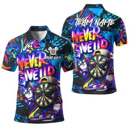 Never Give Up Custom Funny Dartboard Darts Polo Shirt For Mens, Custom Funny Darts Team Shirts DE0050