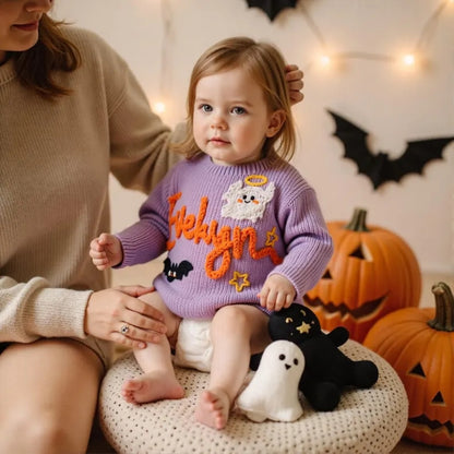 Personalized Halloween Baby Embroidered Knit Sweater, Custom Halloween Baby Sweatshirt BB0788
