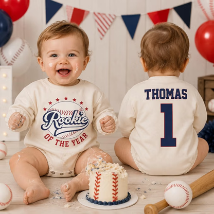 Rookie Of The Year Custom Baseball Baby Romper Sweatshirt, Custom Baseball First Birthday Romper Sweatshirt For Baby BB0571