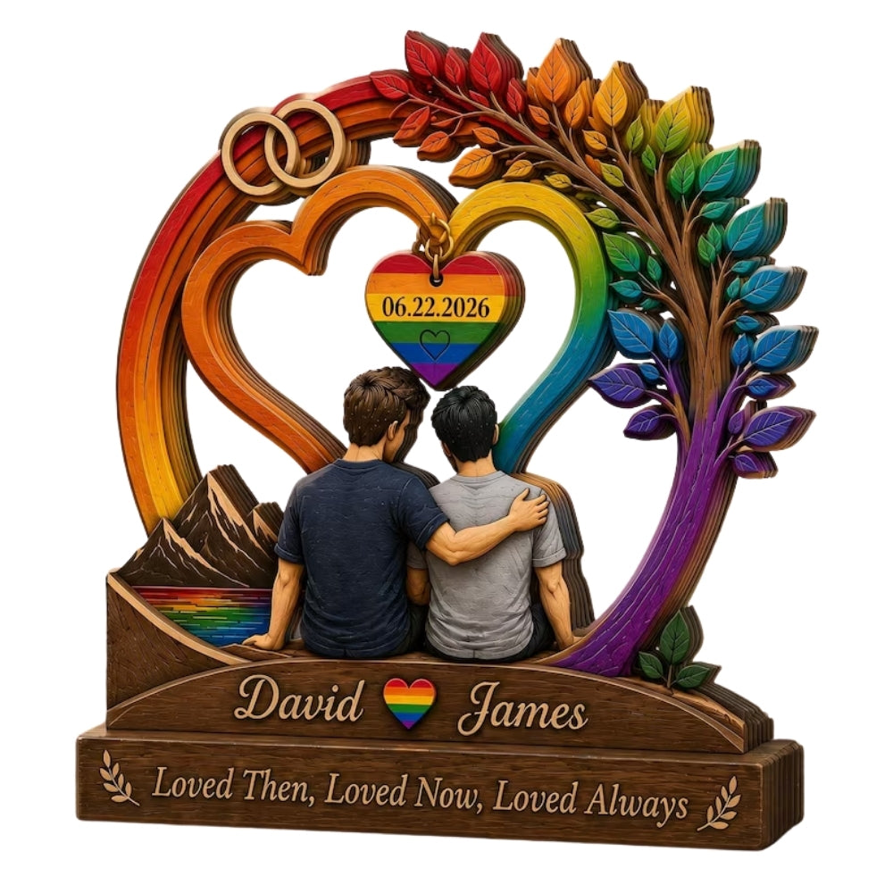 Custom Gay Couple Rainbow Tree Wooden Plaque, Custom LGBTQ Wedding Wooden Block WD0818