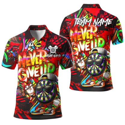 Never Give Up Custom Funny Dartboard Darts Polo Shirt For Mens, Custom Funny Darts Team Shirts DE0050