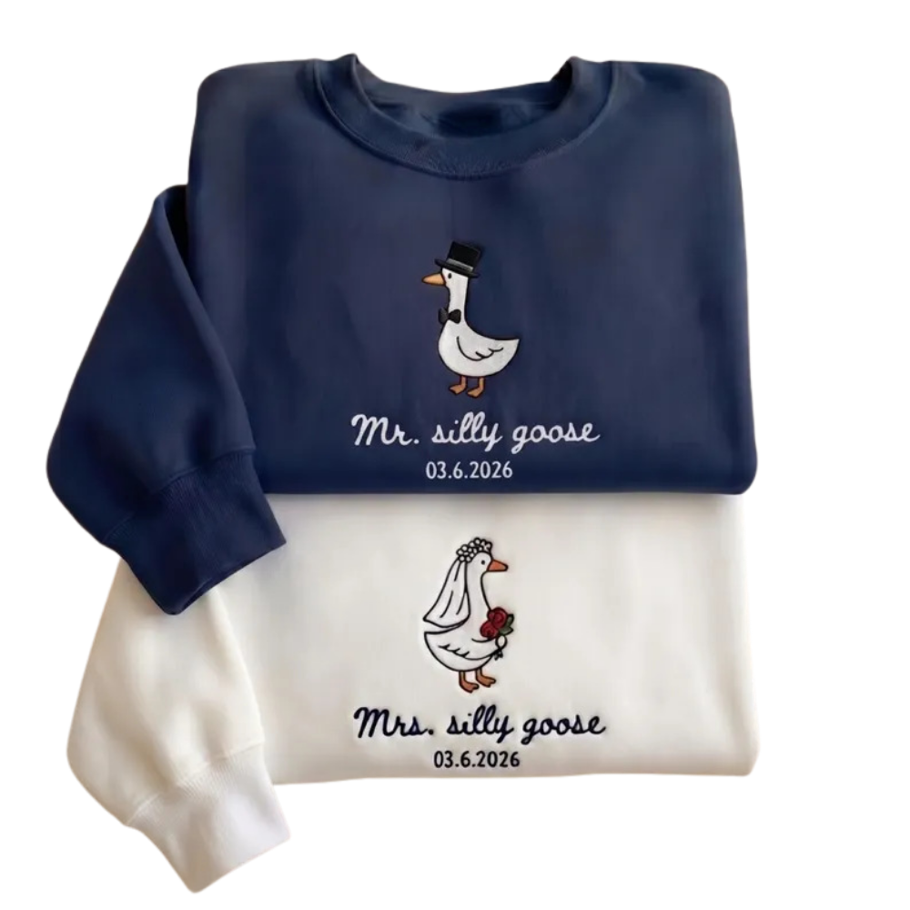 Custom Mr And Mrs Silly Goose Matching Embroidered Sweatshirt For Bride And Groom, Custom Wedding Couple Sweatshirts 2D0868