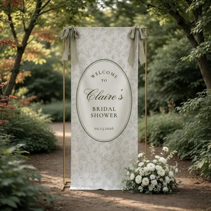 Custom Bridal Shower Linen Welcome Banner Toile de Jouy, Personalized Bridal Party Welcome Sign Green White WD0973