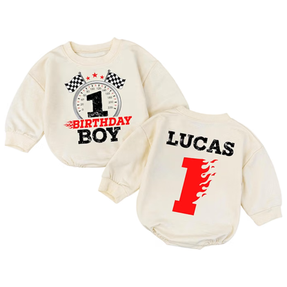 Custom Race Car Birthday Boy Baby Romper Sweatshirt, Custom Racing First Birthday Romper Sweatshirt Baby BB0572