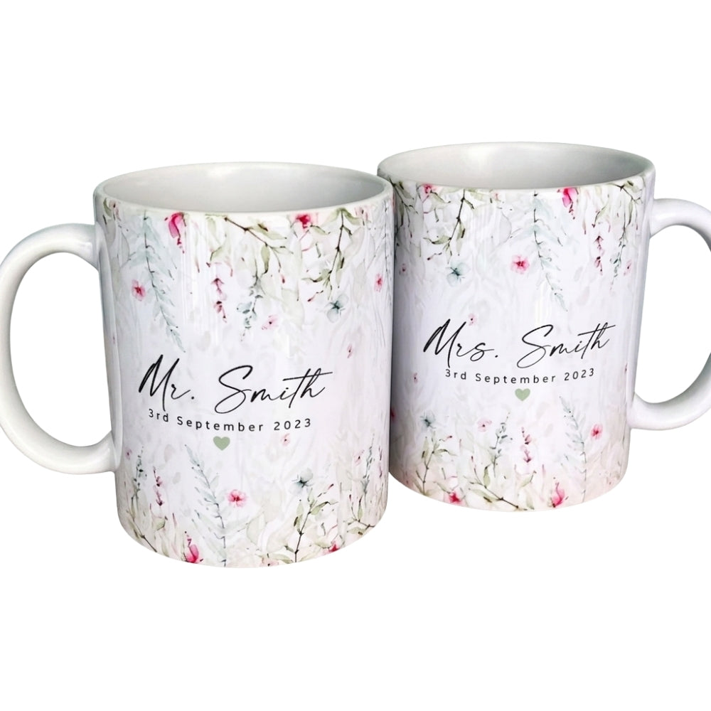 Personalized Mr And Mrs Floral Coffee Mug, Custom Bride And Groom Mug WD0263