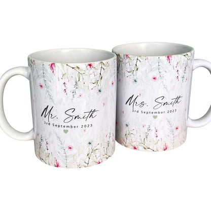 Personalized Mr And Mrs Floral Coffee Mug, Custom Bride And Groom Mug WD0263