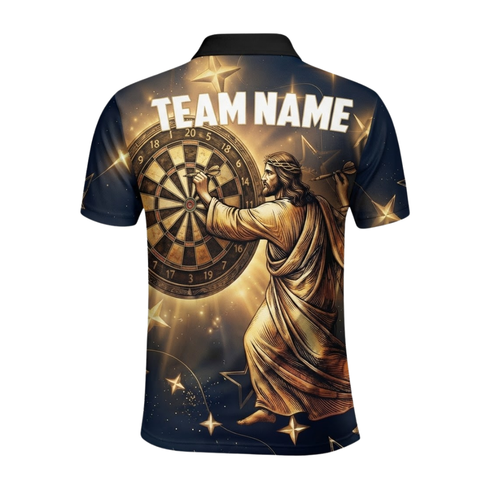 Custom Jesus Gold Black Darts Polo Shirt Men, Custom Christian Darts Team Shirt DE0107