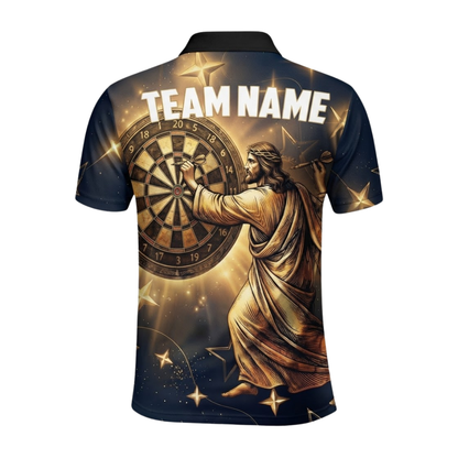 Custom Jesus Gold Black Darts Polo Shirt Men, Custom Christian Darts Team Shirt DE0107