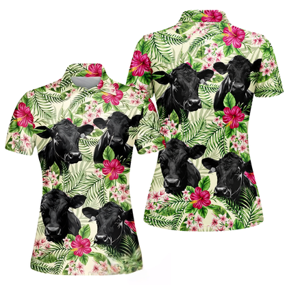Angus Cow Flower Golf Polo Shirt For Ladies, Cow Tropical Golf Shirt Womens GE0499
