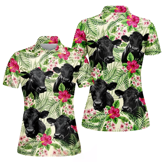 Angus Cow Flower Golf Polo Shirt For Ladies, Cow Tropical Golf Shirt Womens GE0499