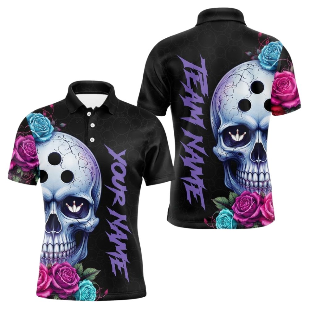 Custom Skull Floral Bowling Polo Shirts Mens, Custom Skull Team Bowling Shirts BZ1111