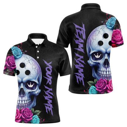 Custom Skull Floral Bowling Polo Shirts Mens, Custom Skull Team Bowling Shirts BZ1111
