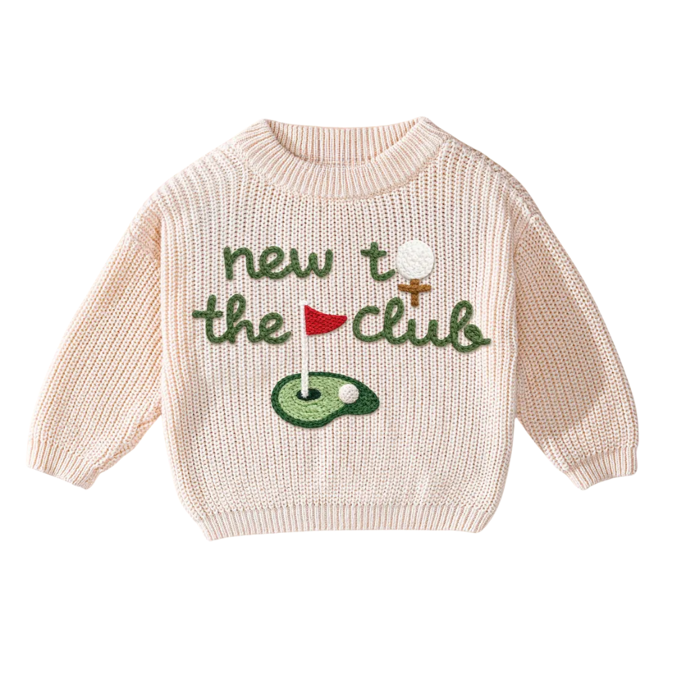New To The Club Golf Baby Embroidered Knit Sweater, Golf Knit Sweatshirt For Baby BB0124