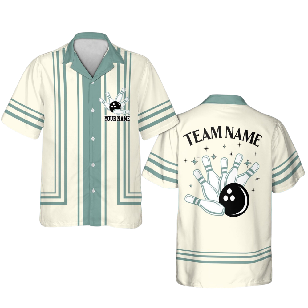 Custom Retro Beige Blue Bowling Hawaiian Shirts For Men,Custom Retro Bowling Team Shirts BE0203