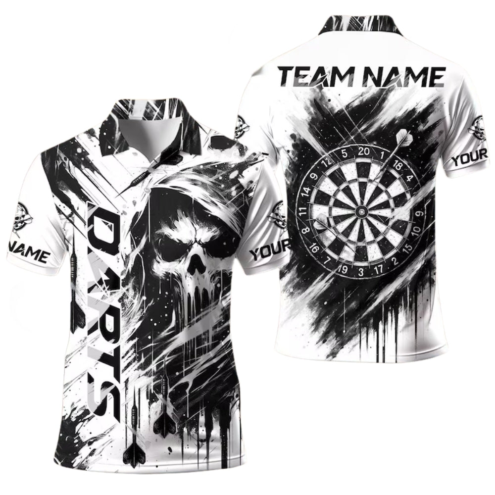 Custom Skull Black And White Darts Polo Shirt For Men, Custom Skull Darts Team Shirts DE0009