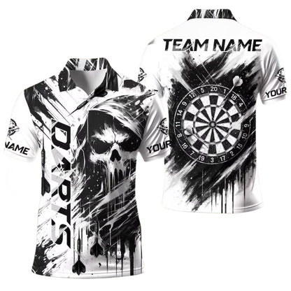 Custom Skull Black And White Darts Polo Shirt For Men, Custom Skull Darts Team Shirts DE0009