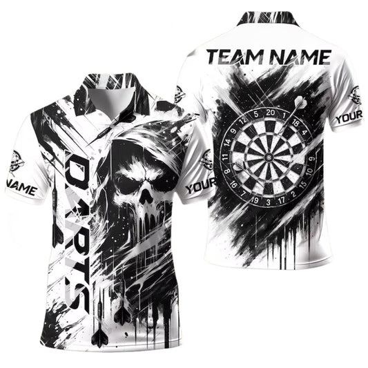 Custom Skull Black And White Darts Polo Shirt For Men, Custom Skull Darts Team Shirts DE0009