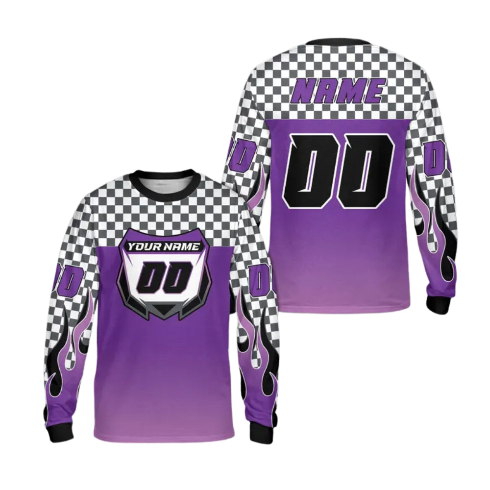 Custom Checkered Gradient Flame Long Sleeve Dirt Bike Jersey For Men, Custom Checkered Dirt Bike Shirts ME0023