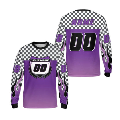 Custom Checkered Gradient Flame Long Sleeve Dirt Bike Jersey For Men, Custom Checkered Dirt Bike Shirts ME0023