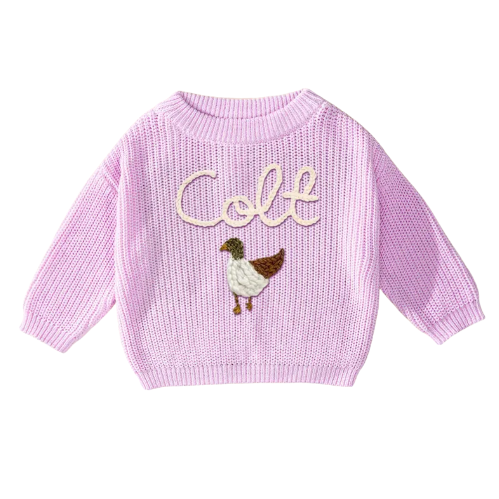 Custom Name Mallard Duck Baby Embroidered Sweater, Personalized Hand Embroidered Duck Sweater For Baby BB0122
