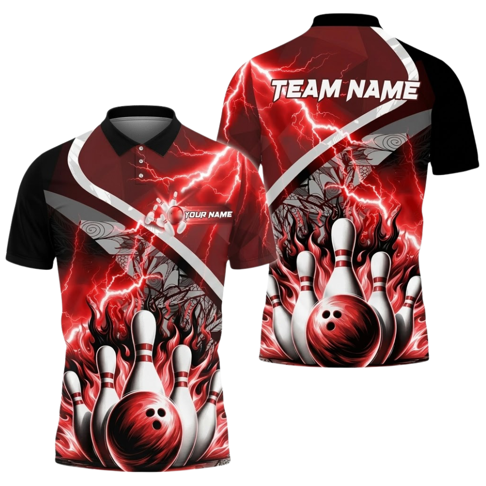Custom Blue Thunder Flame Bowling Polo Shirt For Men, Custom Team Flame Bowling Shirts BZ0513