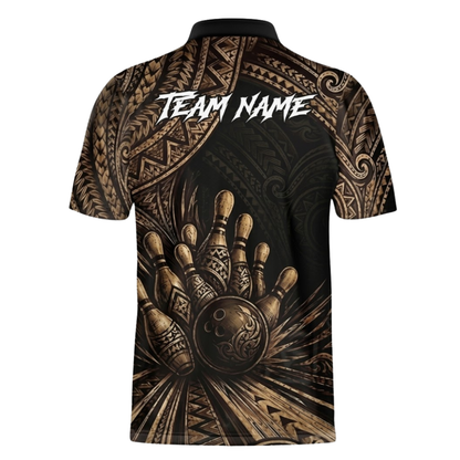 Custom Tribal Black And Gold Men's Bowling Jersey Shirts, Custom Tribal Bowling Team Shirts BZ1043