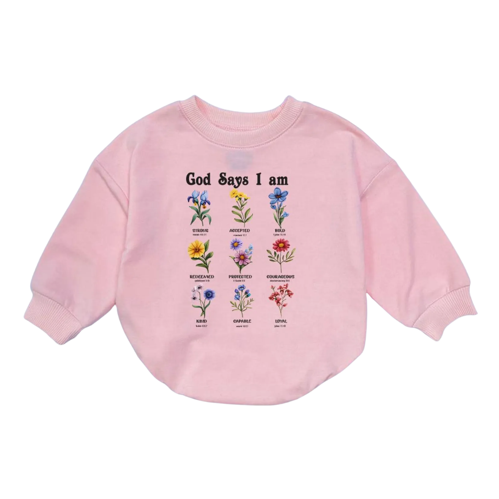 God Says I Am Bible Verse Baby Floral Romper Sweatshirt, Christian Baby Romper Sweatshirt  BB0105