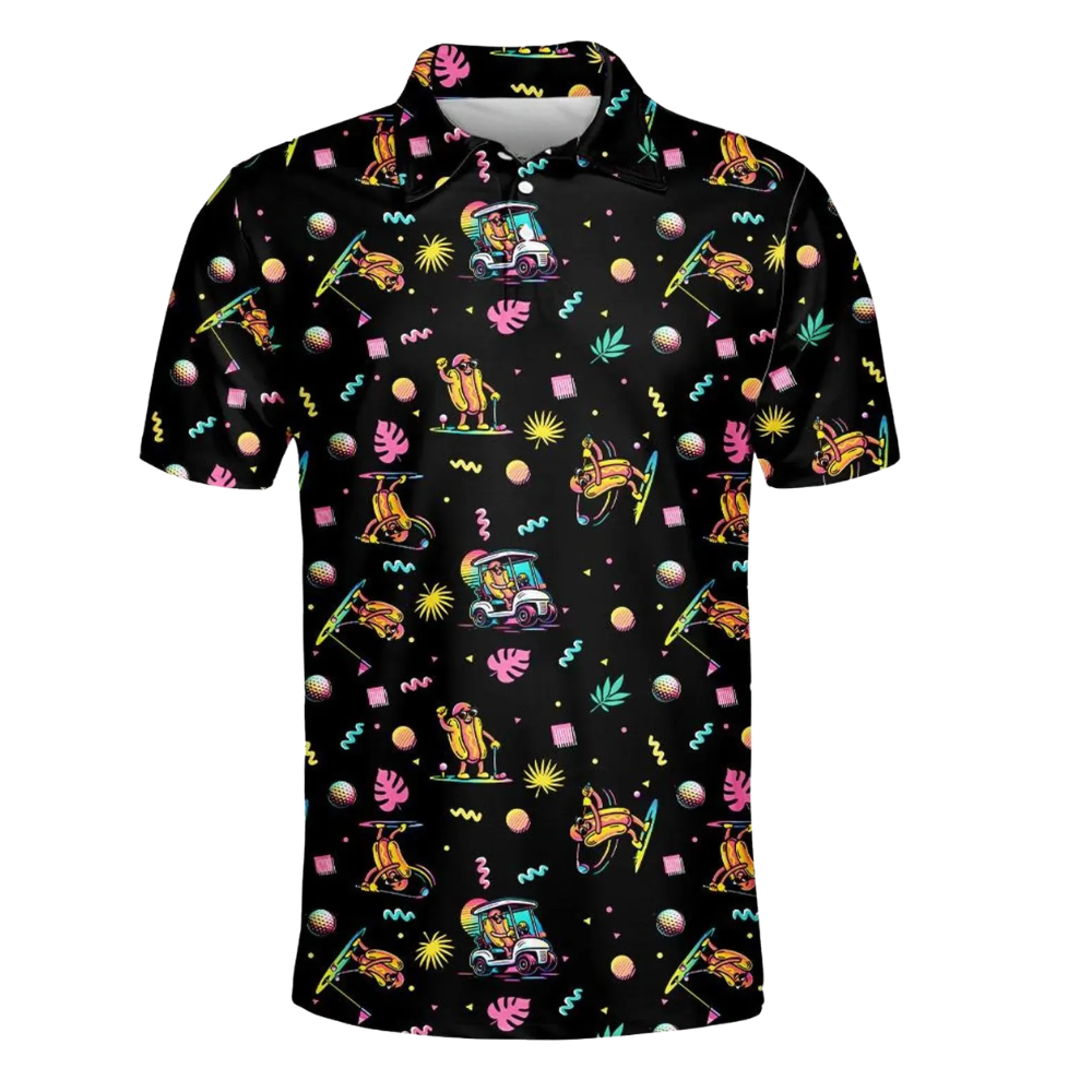 Mens Funny Hot Dog Golf Polo Shirt Black, Hot Dog Lover Golf Shirts GE0549