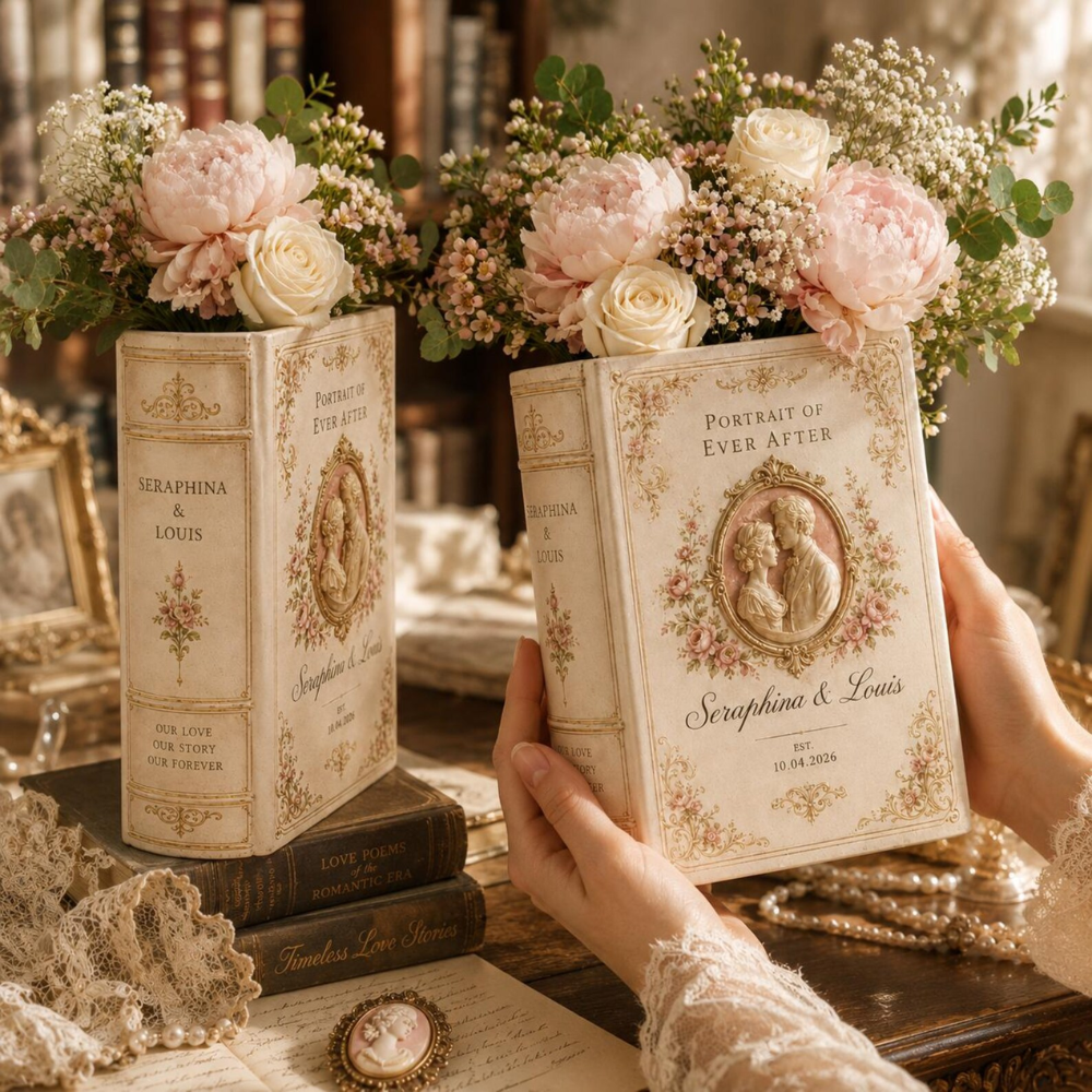 Custom Portrait Of Ever After Wedding Love Story Ceramic Book Vase, Custom Wedding Engagement Book Vase WD0592