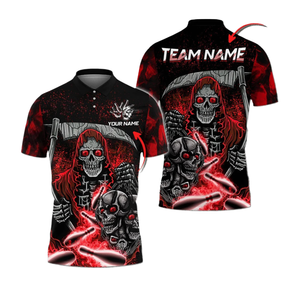 Custom Grim Reaper Men's Bowling Polo Shirts, Custom Skull Bowling Team Shirts BZ1048