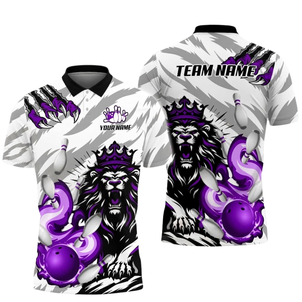 Custom Lion Flame Blue White Bowling Polo Shirt Men, Custom Team Lion Bowling Shirts BZ0689