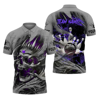 Custom Skull Gray Green Bowling Mens Polo Shirts, Custom Skull Team Bowling Shirt BZ1095