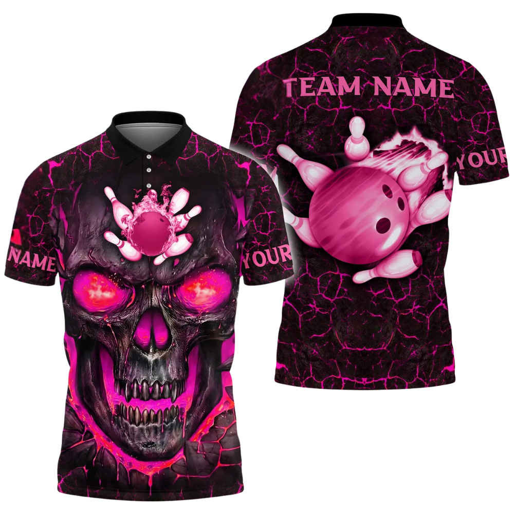 Custom Skull Bowling Polo Shirt For Men, Custom Flame Skull Bowling Shirt Team BZ0621