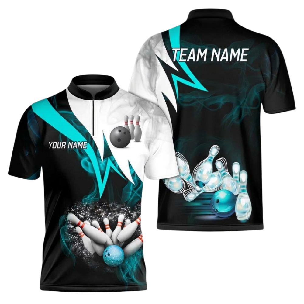Custom Team Cyan Black Bowling Jersey Shirts For Men, Custom Team Bowling Shirts BZ1076
