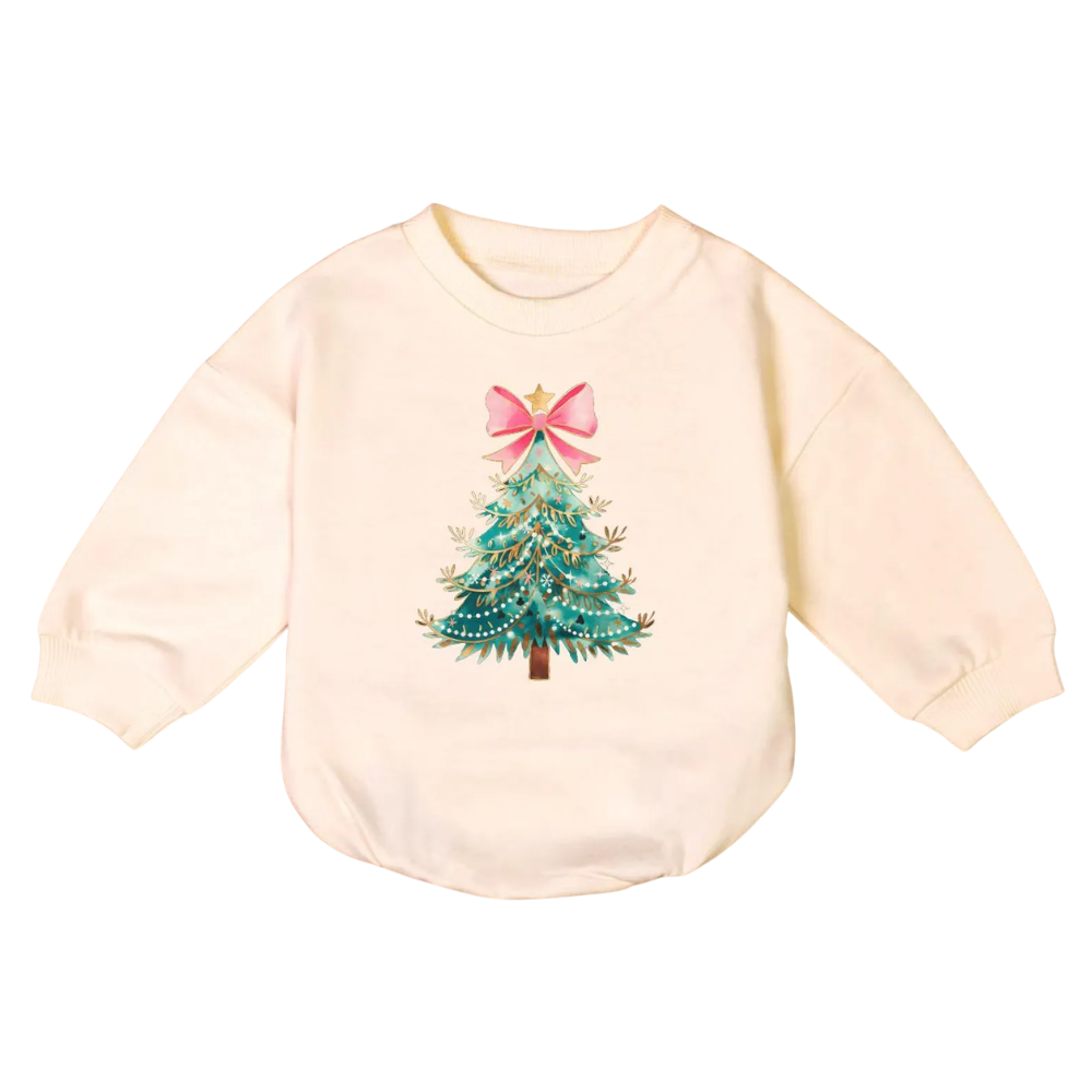 Coquette Christmas Tree Baby Romper Sweatshirt, Christmas Baby Romper Sweatshirt BB0019