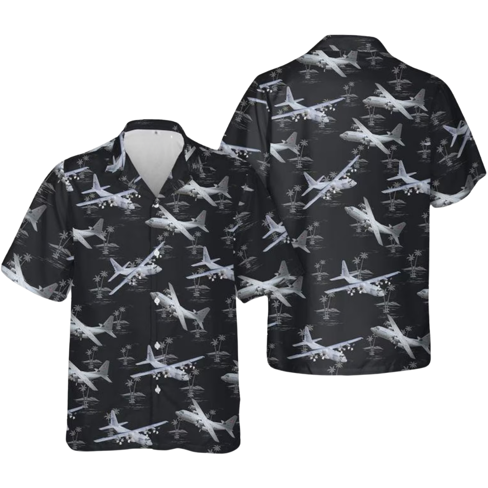 C-130 Cargo Aircraft Men's Black Hawaiian Shirt, C-130 Cargo Airplane Hawaiian Shirts HE0360