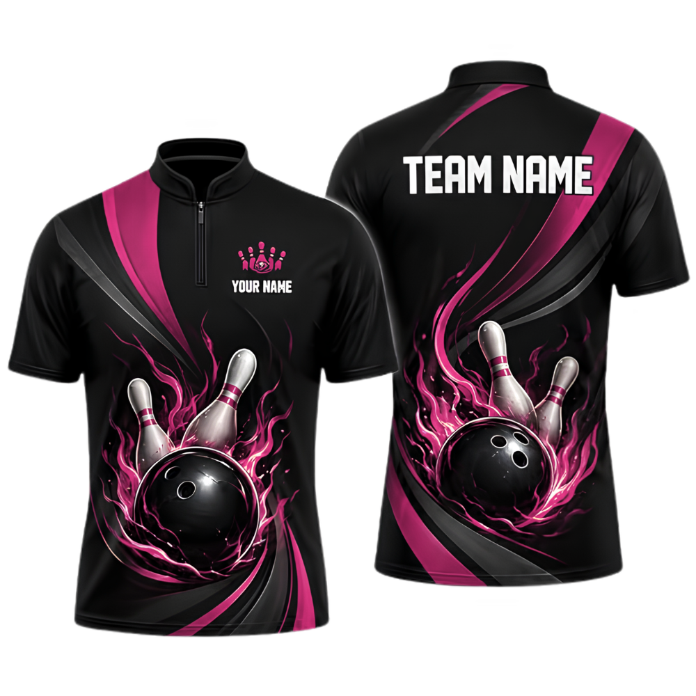 Custom Flame Red Black Bowling Jersey For Men, Custom Flame Team Bowling Shirt BZ0923