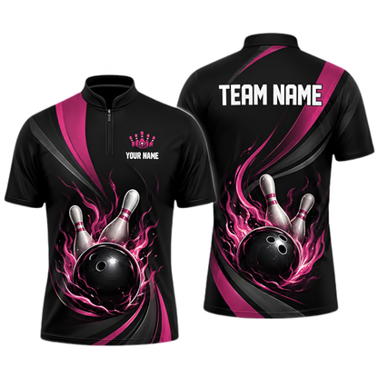 Custom Flame Red Black Bowling Jersey For Men, Custom Flame Team Bowling Shirt BZ0923