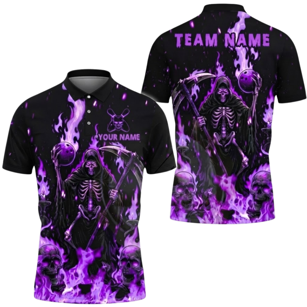 Custom Skeleton Flame Mens Bowling Polo Shirt, Custom Skull Bowling Team Shirts BZ0653