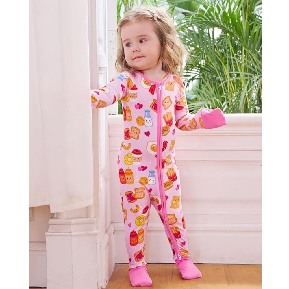Funny Egg Sandwich Hamburger Pink Baby Romper Convertible Zipper, Breakfast Food Baby Romper Convertible BB0359