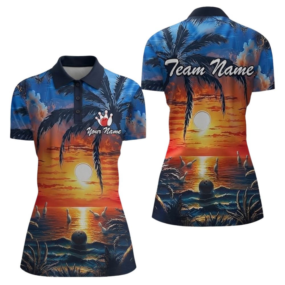 Tropical Sunset Custom Bowling Polo Shirt For Women, Custom Tropical Team Bowling Shirt BZ0673