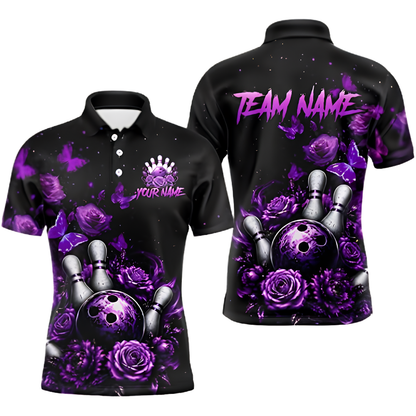 Custom Purple Rose Bowling Polo Shirt Men, Custom Floral Bowling Team Shirt BZ1000