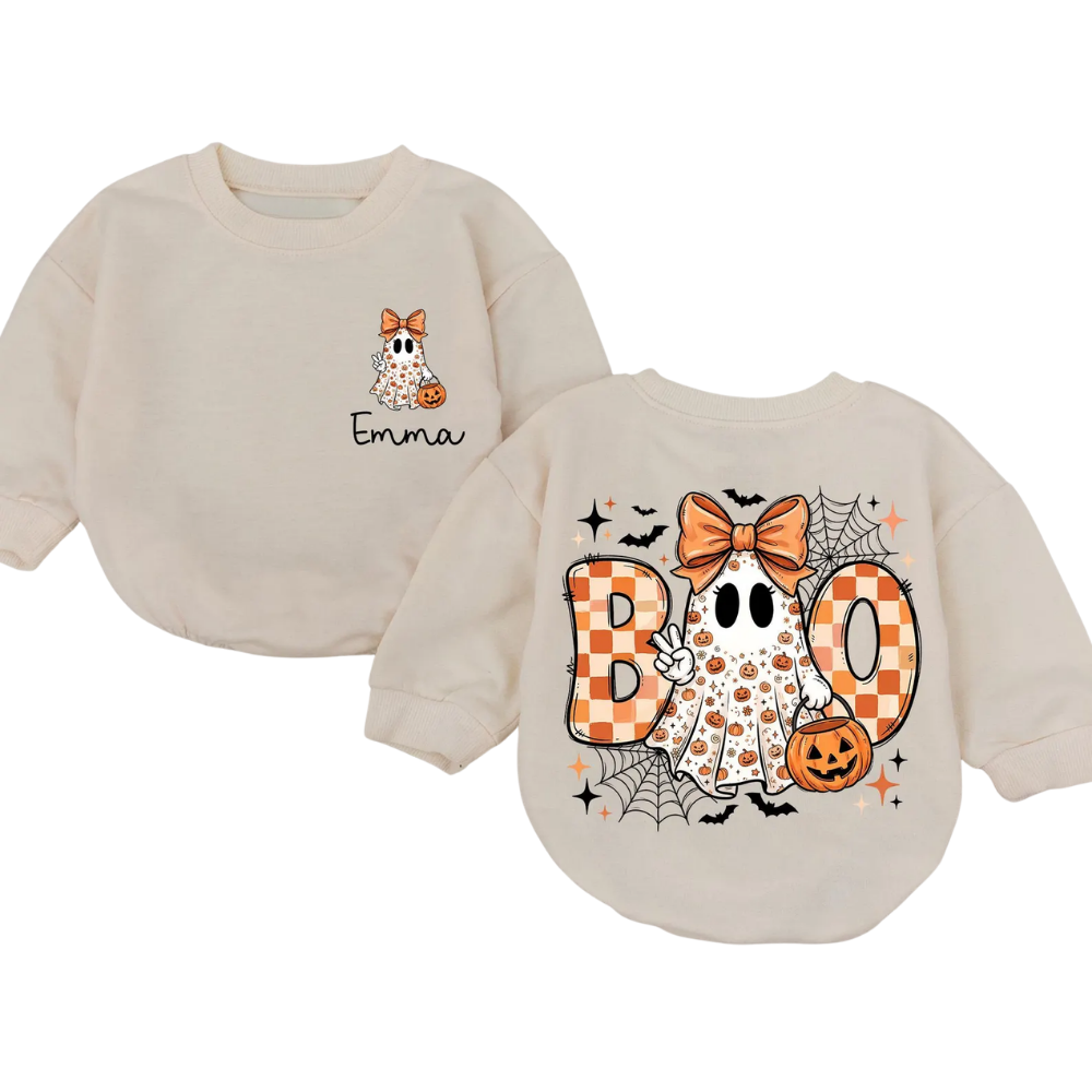 Custom Name Boo Halloween Baby Girl Romper Sweatshirt, Custom Halloween Romper Sweater BB0699
