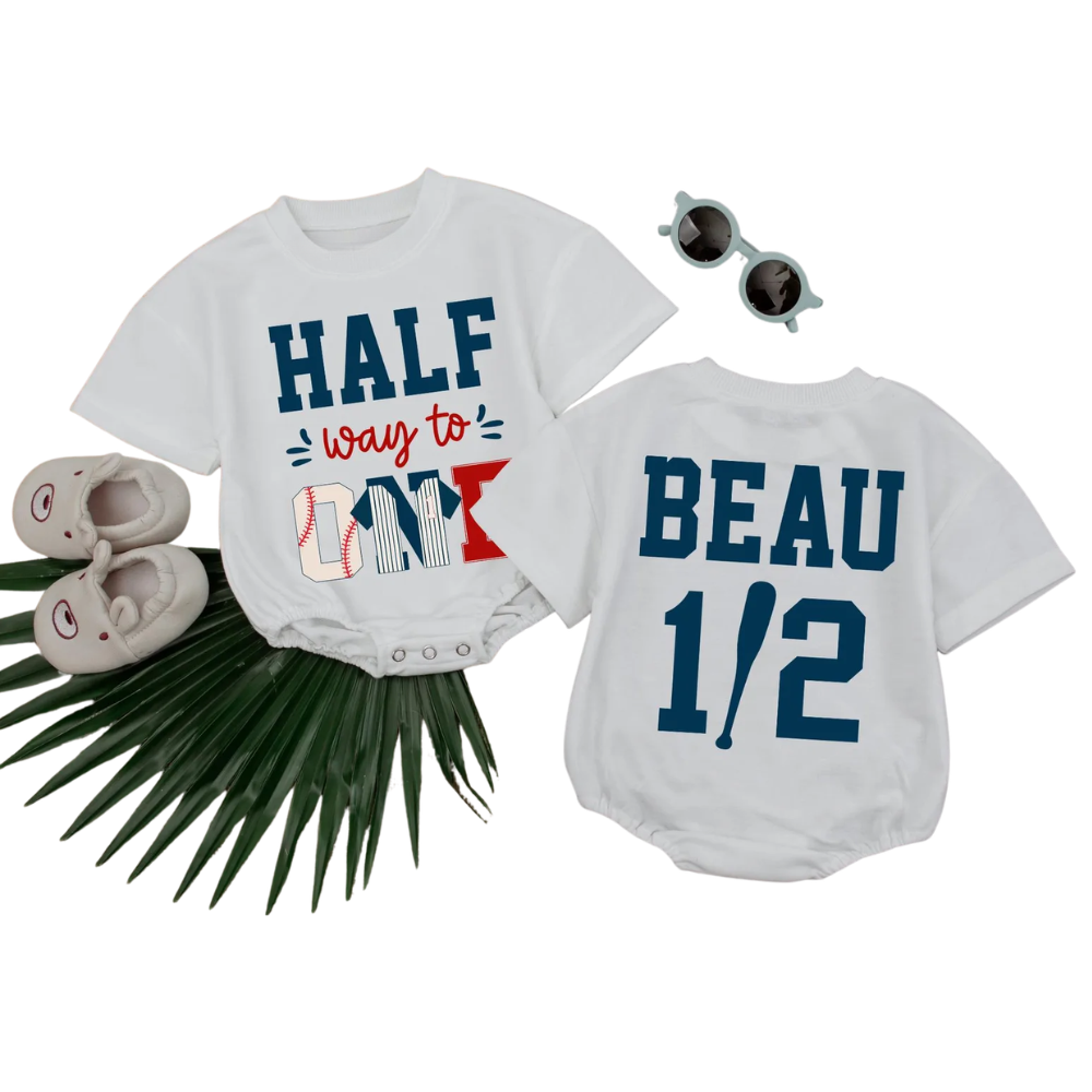 Custom Half Way To One Baby Baseball T Shirt Romper, Custom Basebal 6 Month Birthday Baby Romper BB0298
