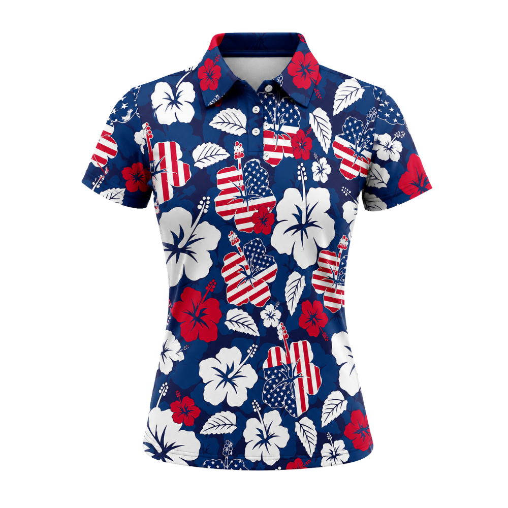 Hibiscus American Flag Golf Polo Shirt For Ladies, Women's Patriotic Tropical Golf Shirts For 4th Of July GZ0268